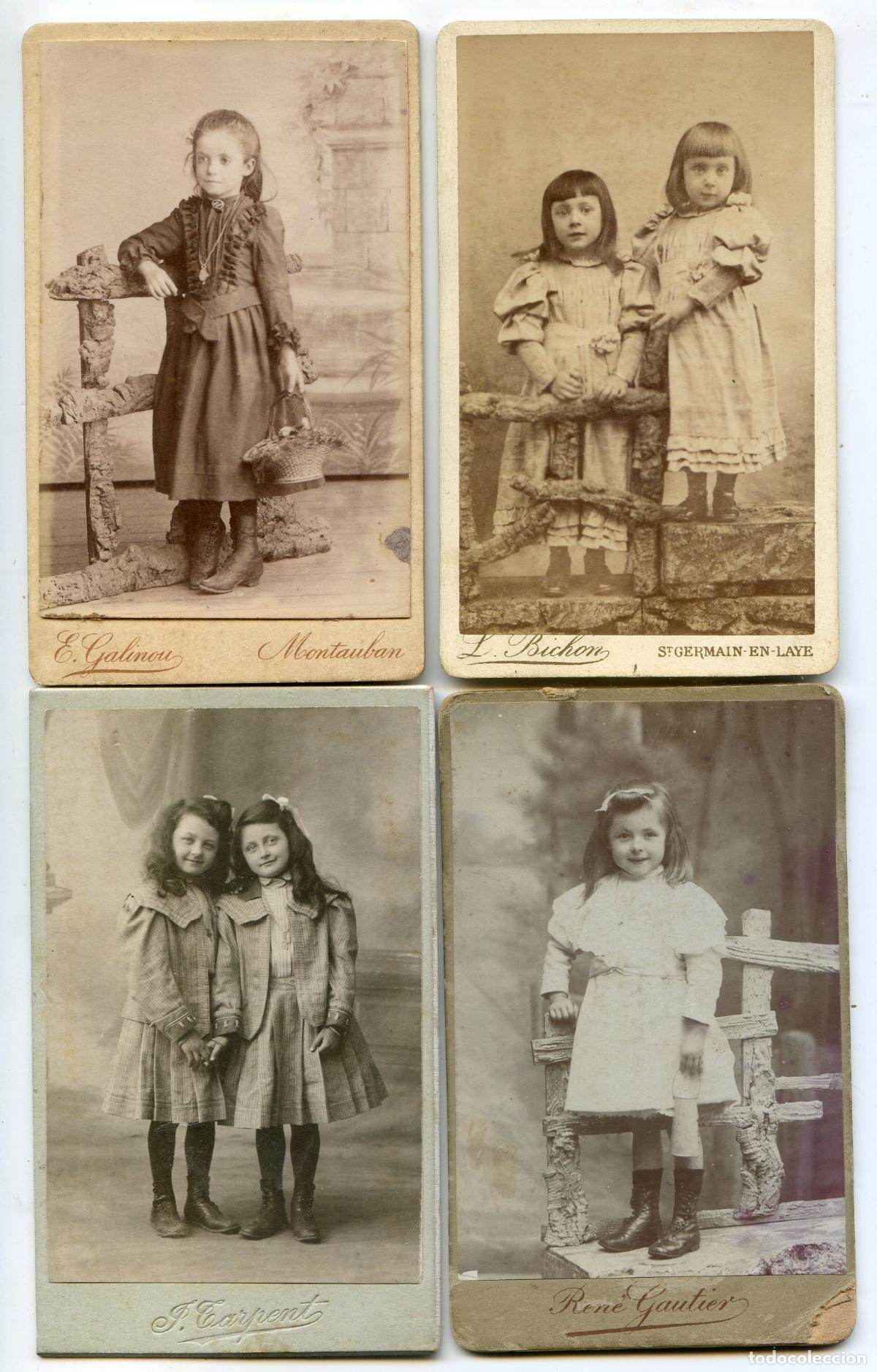 Antique Photography: Lote de 4 CDV de retratos de ni&ntilde;as, fot&oacute;grafos franceses