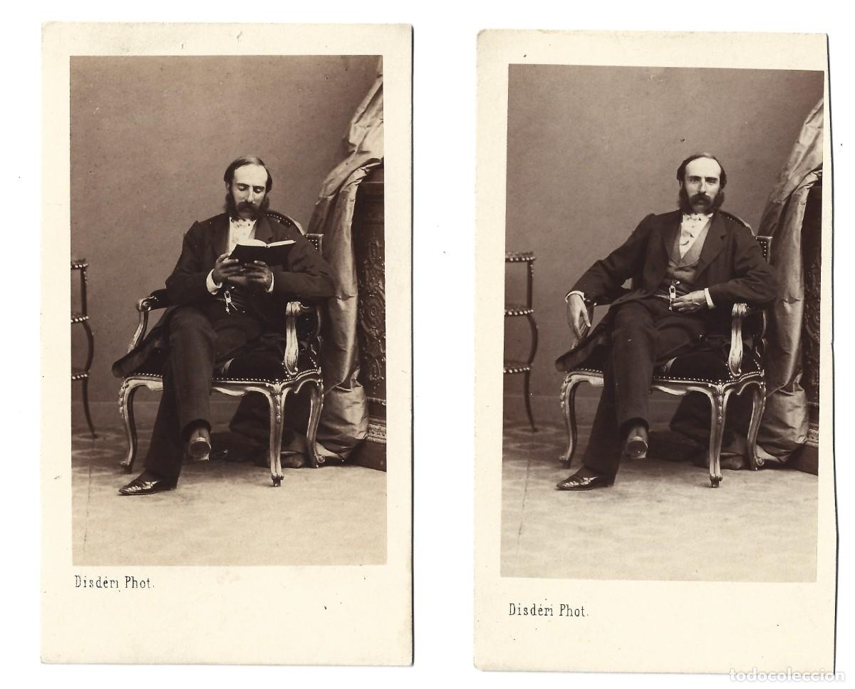 Fotograf&iacute;a antigua: 1862ca (2) Carte de visite CDV retratos misma sesi&oacute;n fotogr&aacute;fica caballero sentado Disd&eacute;ri firma 3