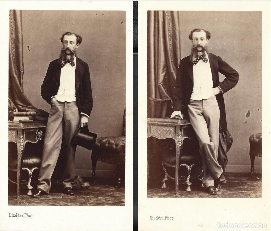 Fotograf&iacute;a antigua: 1862ca (2) Carte de visite CDV retratos misma sesi&oacute;n fotogr&aacute;fica caballero de pie Disd&eacute;ri firma 3