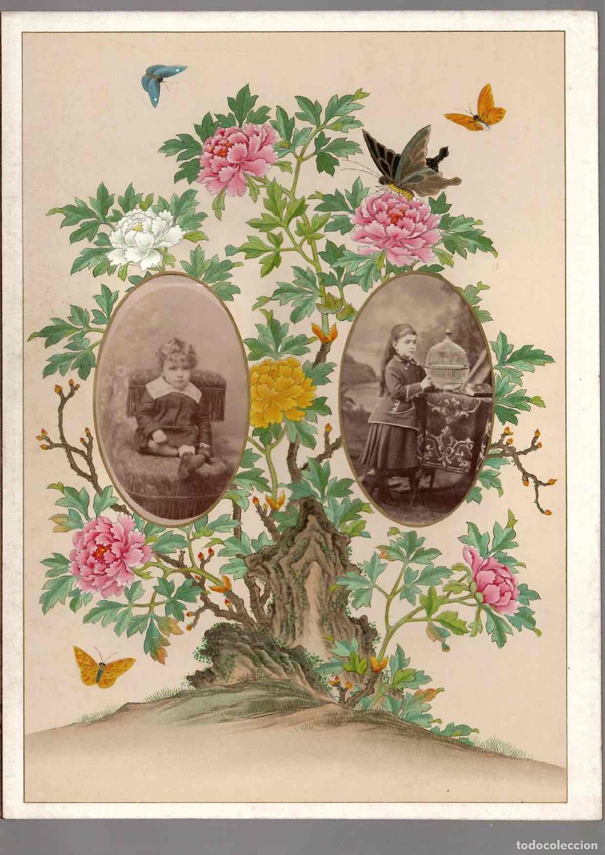 Fotograf&iacute;a antigua: 3 CARTE DE VISITE RETRATOS INFANTILES. ENMARCADA SOBRE UNA MAGNIFICA ESCENA FLORAL Y ANIMAL