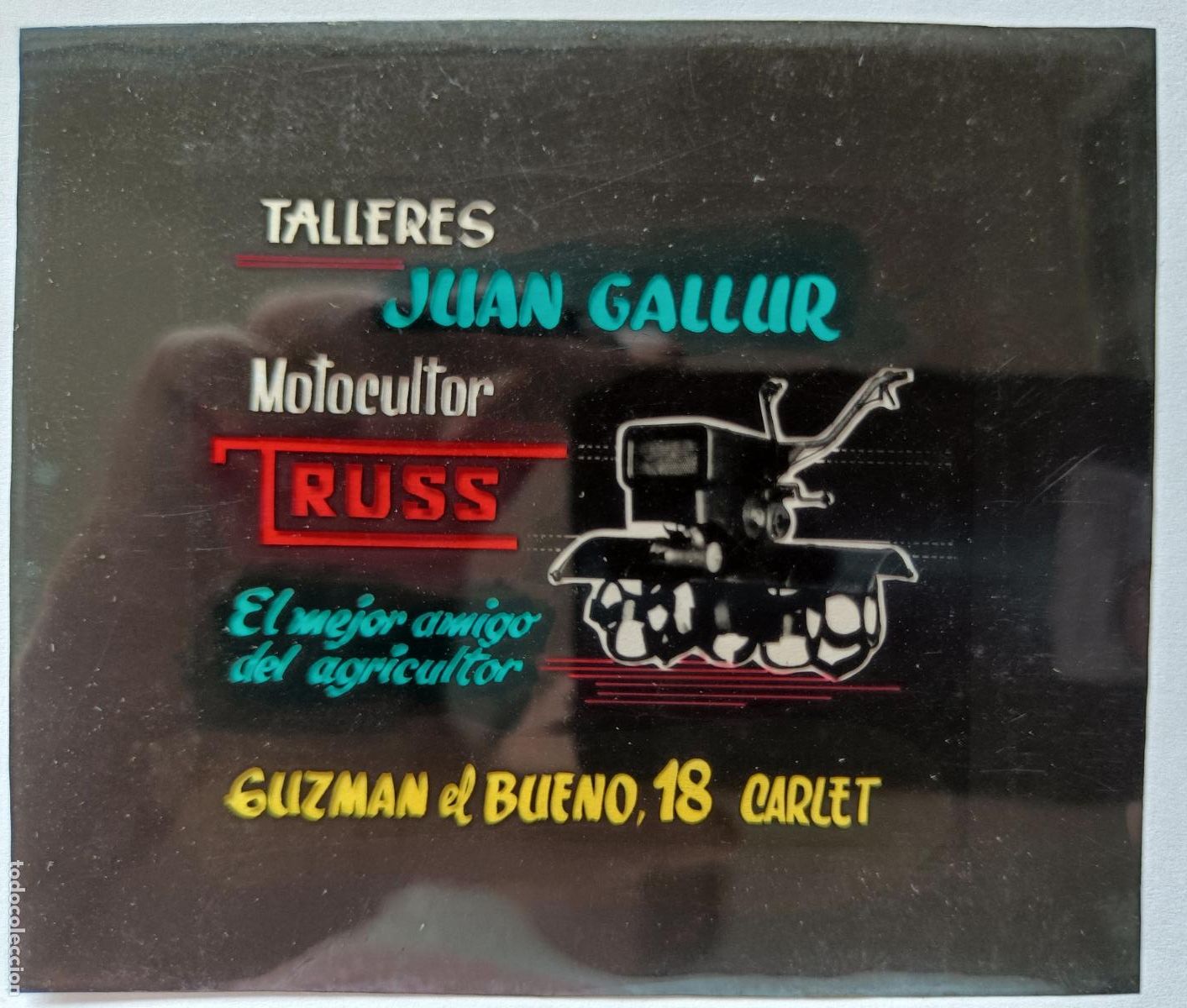 Fotograf&iacute;a antigua: DIAPOSITIVA CINE PUBLICIDAD TALLERES JUAN GALLUR MOTOCULTOR TRUSS CARLET VALENCIA AGRICULTOR