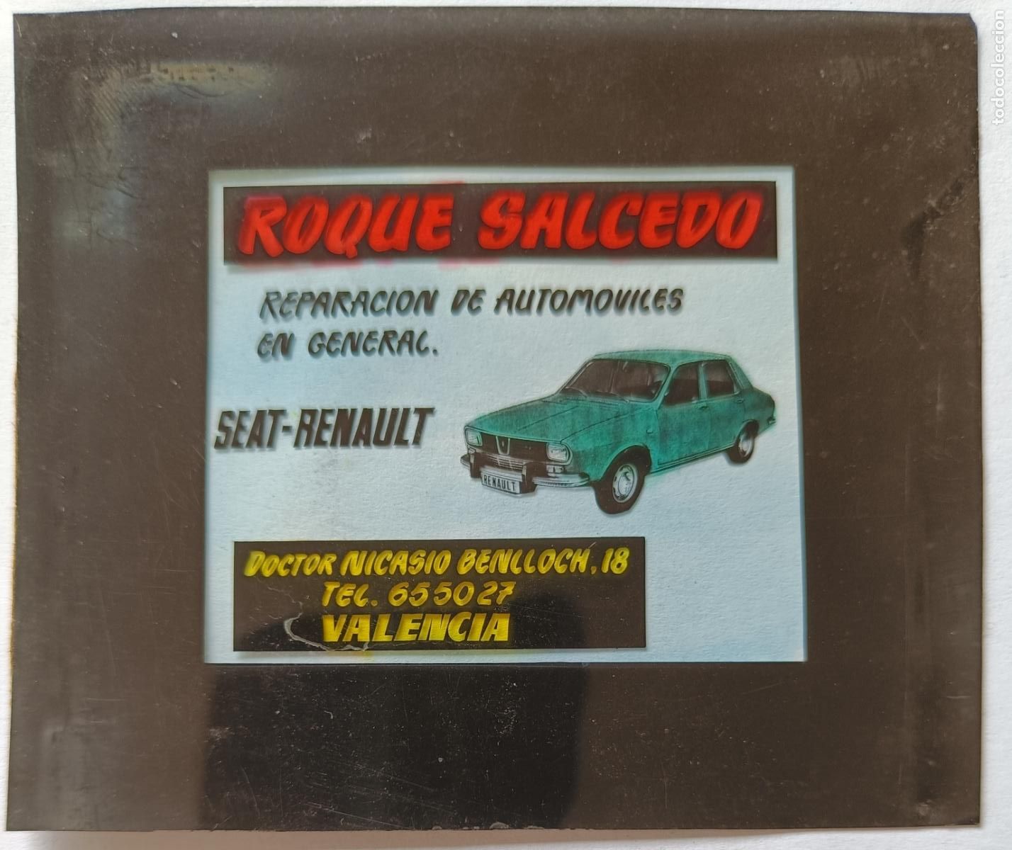 Fotograf&iacute;a antigua: DIAPOSITIVA CINE PUBLICIDAD ROQUE SALCEDO REPARACION GENERAL SEAT RENAULT AUTOMOVIL VALENCIA