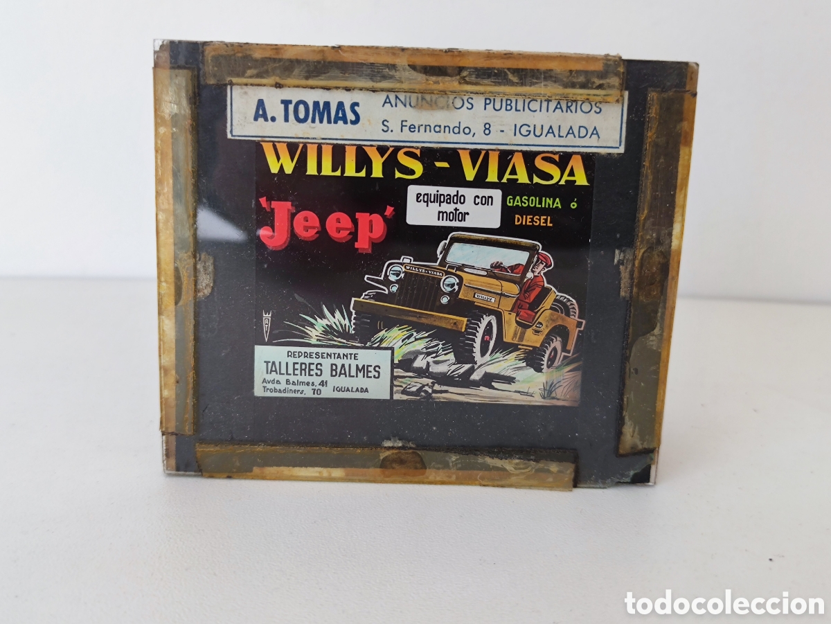 Fotograf&iacute;a antigua: Diapositiva cristal de publicidad Jeep Willys-Viasa gasolina o diesel