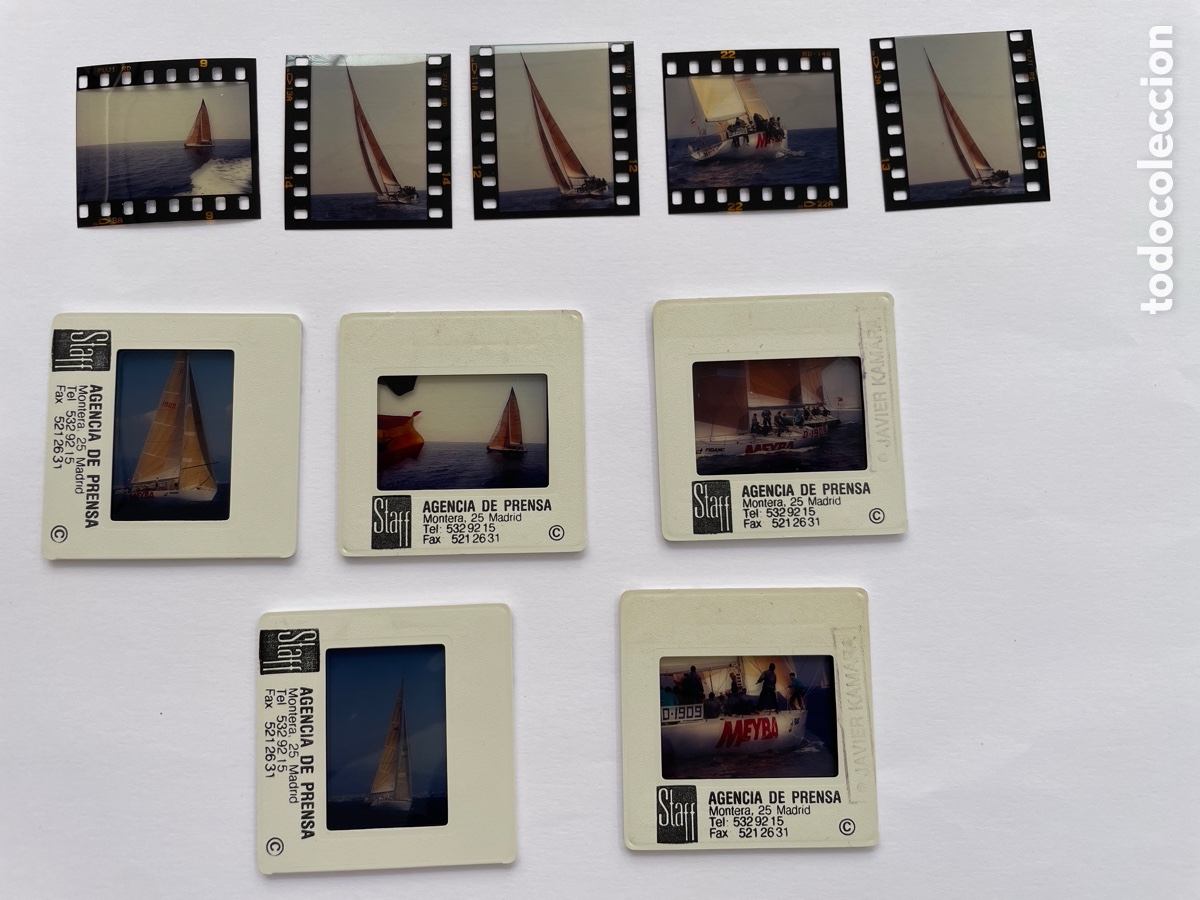 Fotografia antiga: 5 diapositivas y 5 pel&iacute;cula. Regatas. Copa del rey de vela. Principios a&ntilde;os 90. Meyba.