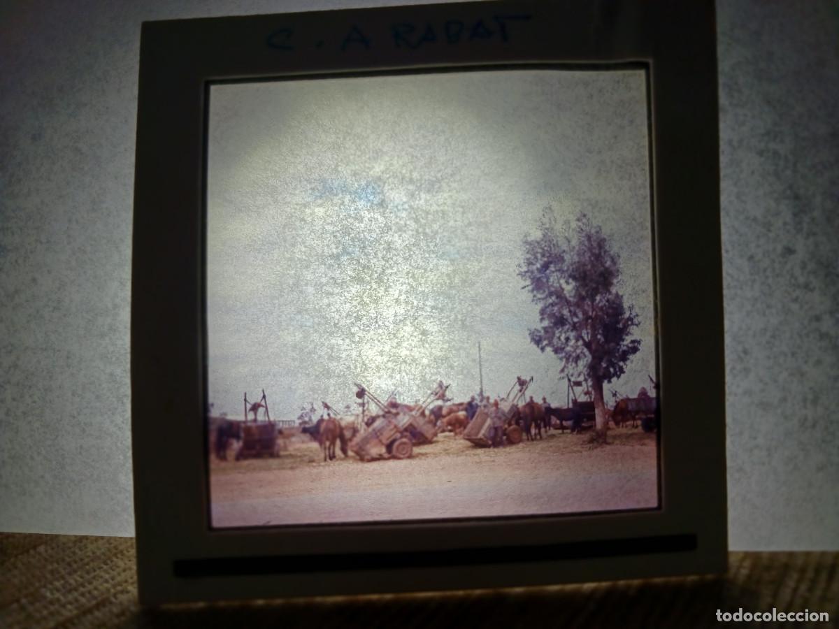 Fotograf&iacute;a antigua: antigua diapositiva 7 x 7 cm. carros de carga y burros, rabat, marruecos