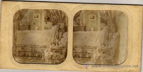 Photographie ancienne: Esteroscopica. Residencias imperiales. St Cluod. Saint-Cloud. Habitacion con cama. Tissue.