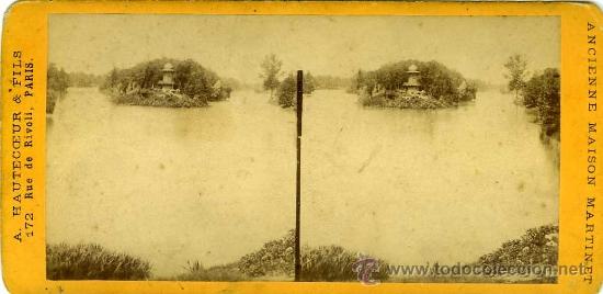 Fotografia antiga: VISTA ESTEROSCOPICA PARIS FRANCIA SIGLO XIX LAGO DEL BOSQUE DE BOLONIA