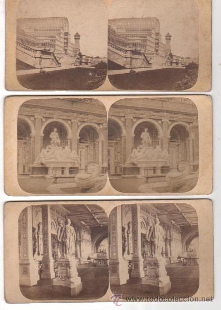 Fotograf&iacute;a antigua: 3 postales esterosc&oacute;picas del palacio de cristal: construido en 1851 y destru&iacute;do en 1936