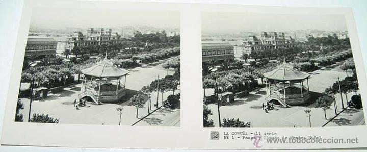 Fotografia antiga: ANTIGUA FOTOGRAFIA ESTEREOCOPICA DE LA CORU&Ntilde;A - PASEO Y KIOSCO DE MENDEZ NU&Ntilde;EZ - 1&ordf; SERIE - NUM. 1 -
