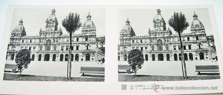 Fotografia antiga: ANTIGUA FOTOGRAFIA ESTEREOCOPICA DE LA CORU&Ntilde;A - AYUNTAMIENTO - 1&ordf; SERIE - NUM. 3 - MIDE  13 X 6 CMS