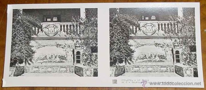Fotograf&iacute;a antigua: ANTIGUA FOTO ESTEREOSCOPICA CERAMICA - 1&ordm; SERIE - COLECCION NUM. 1010 - BANCOS DE LA PLAZA DE ESPA&Ntilde;A