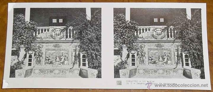 Fotograf&iacute;a antigua: ANTIGUA FOTO ESTEREOSCOPICA CERAMICA - 1&ordm; SERIE - COLECCION NUM. 1010 - BANCOS DE LA PLAZA DE ESPA&Ntilde;A