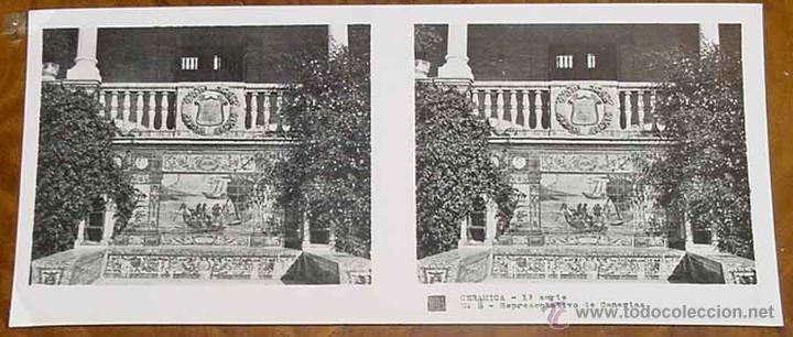 Fotografia antiga: ANTIGUA FOTO ESTEREOSCOPICA CERAMICA - 1&ordm; SERIE - COLECCION NUM. 1010 - BANCOS DE LA PLAZA DE ESPA&Ntilde;A