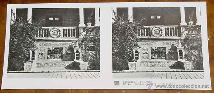 Fotografia antiga: ANTIGUA FOTO ESTEREOSCOPICA CERAMICA - 1&ordm; SERIE - COLECCION NUM. 1010 - BANCOS DE LA PLAZA DE ESPA&Ntilde;A