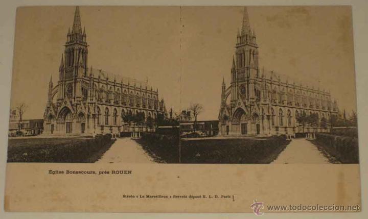 Fotografia antica: ANTIGUA POSTAL ESTEREOSCOPICA DE IGLESIA BONSECOURS PRES ROUEN - ESTEREOSCOPIA - NO CIRCULADA - SIN