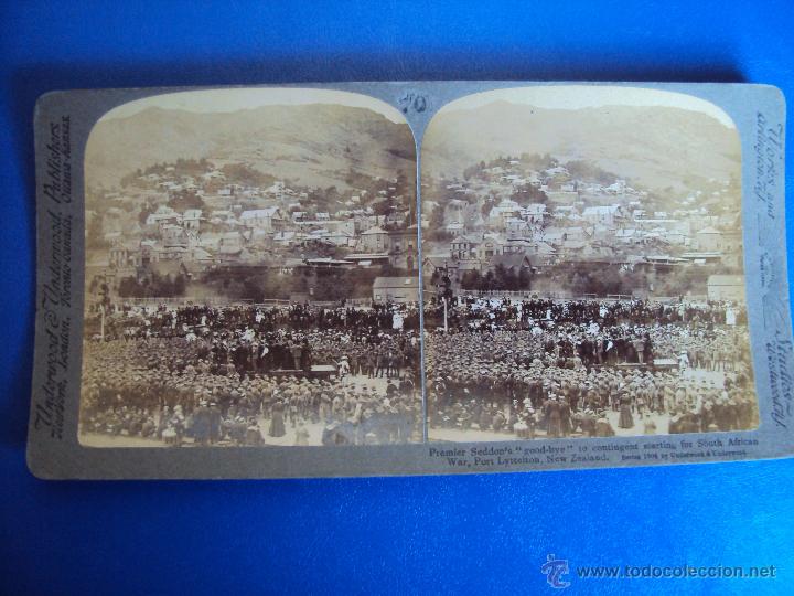 Fotografia antiga: (ES-848)FOTOGRAFIA ESTEREOSCOPICA DE SEDDON AL CONTIGENTE QUE SALE PARA LA GUERRA SUDAFRICANA