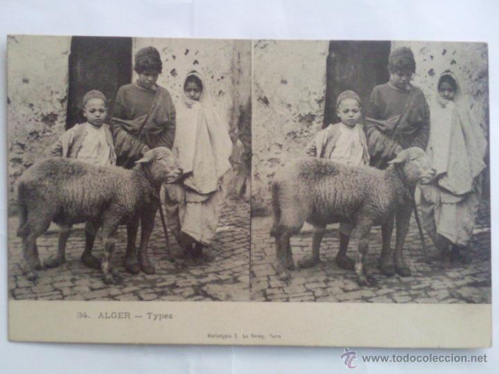 Fotografia antica: POSTAL ESTEREOSCOPICA, ALGER CIUDAD ARGELINA, NI&Ntilde;OS CON CORDERO