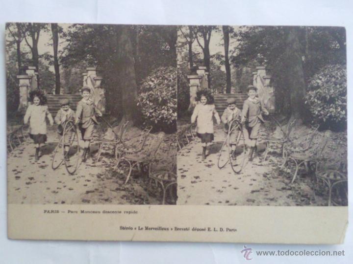 Fotografia antica: POSTAL ESTEREOSCOPICA PARIS,- PARQUE MONTON BAJADA RAPIDA