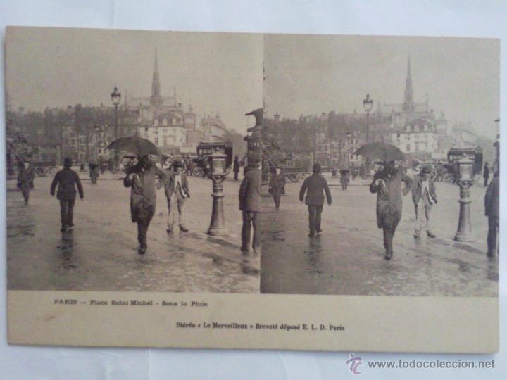 Fotografia antica: POSTAL ESTEREOSCOPICA PARIS,- PLAZA  SAINT-MICHEL - BAJO LA LLUVIA