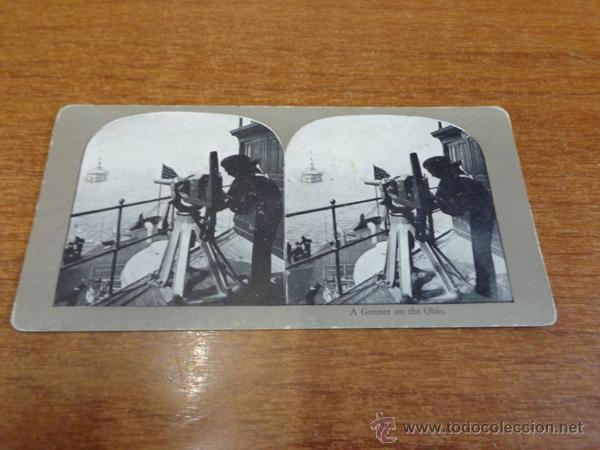 Fotografia antiga: FOTOGRAF&Iacute;A ESTEREOSC&Oacute;PICA. A GUNNER ON THE OHIO. PRINCIPIOS S. XX. BARCO DE GUERRA, ARTILLERO.