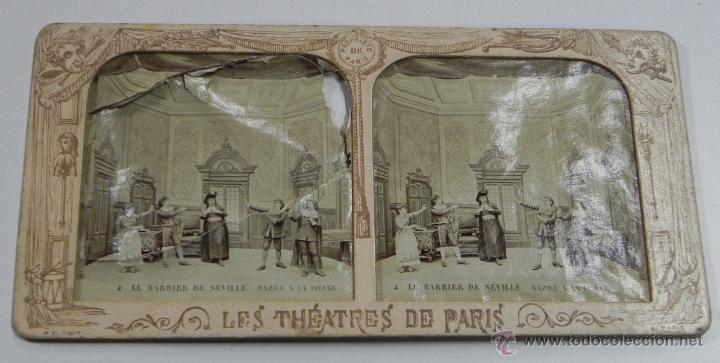 Photographie ancienne: FOTOGRAFIA ESTEREOSCOPICA DE LES THEATRES de PARIS, LE BARBIER DE SEVILLE, BAZILE A LA FIEVRE, ED. B