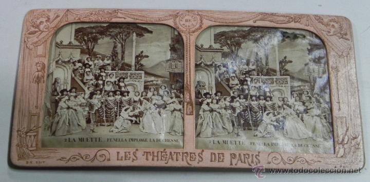 Photographie ancienne: FOTOGRAFIA ESTEREOSCOPICA DE LES THEATRES de PARIS, LA MUETTE, FENELLA IMPLORE LA DUCHESSEE, ED. BK.