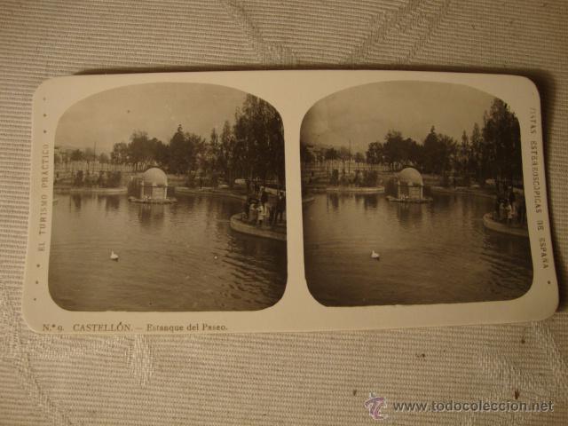 Fotografia antiga: ANTIGUA FOTOGRAFIA ESTEREOSC&Oacute;PICA CASTELLON DE LA PLANA ORIGINAL ESTANQUE PASEO P.P.SXX O F.FS.XIX