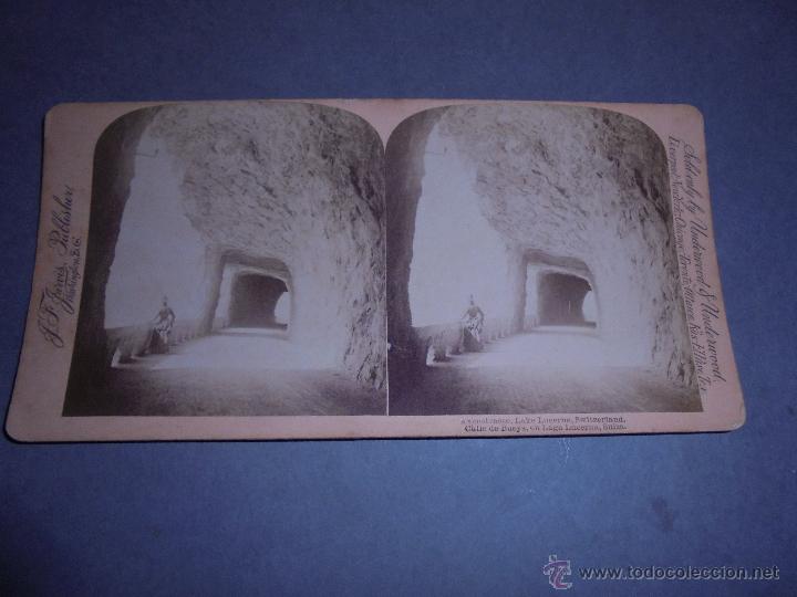 Fotograf&iacute;a antigua: SUIZA  - ANTIGUA ESTEREOSCOPICA - CALLE DE BUEYS, EN EL LAGO LUCERNA SUIZA  - 18X9 CM.
