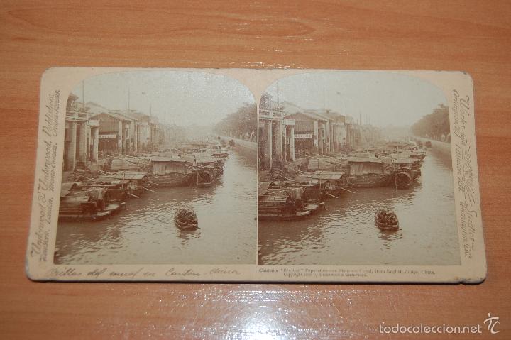 Photographie ancienne: RARA FOTOGRAFIA ESTEREOSCOPICA CHINA CANTON A&Ntilde;O 1900 ORILLAS DEL CANAL UNDERWOOD PUBLISHER