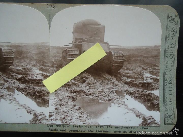 Photographie ancienne: estereoscopica I guerra mundial militar soldado ejercito tanque batalla tropa artilleria tank german