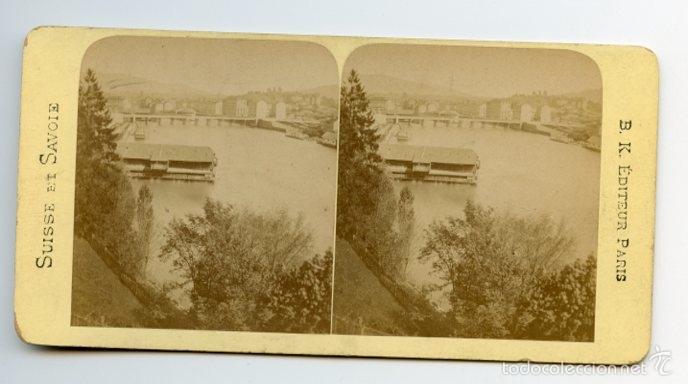 Fotografia antica: Estereosc&oacute;pica: vista de Ginebra y el R&oacute;dano.   Suisse et Savoie. B.K. &Eacute;diteur Paris