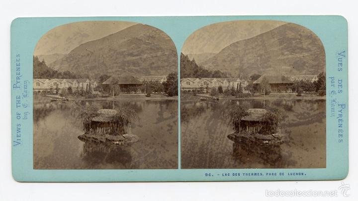 Fotografia antica: Estereosc&oacute;pica. Lago de las termas, parque de Luchon. Francia. Views of the Pyrenees by C. Lamy  Vue