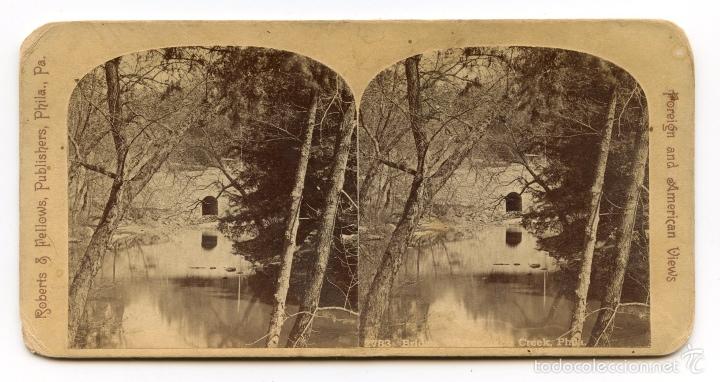 Fotograf&iacute;a antigua: Estereosc&oacute;pica. Puente sobre arroyo, Filadelfia. U.S.A.  Roberts & Fellows, Publishers, Phia., Pa.