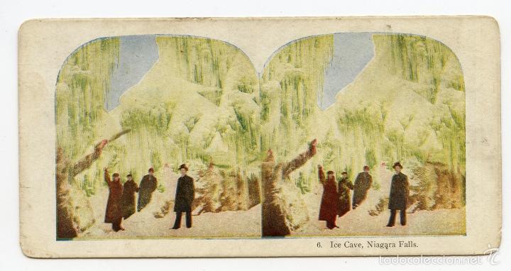 Fotograf&iacute;a antigua: Estereosc&oacute;pica fotomec&aacute;nica coloreada.Cueva de hielo, cataratas del Ni&aacute;gara
