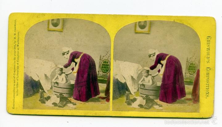 Fotografia antiga: Estereosc&oacute;pica coloreada. Ba&ntilde;o de ni&ntilde;o.  Griswold's Compositions.