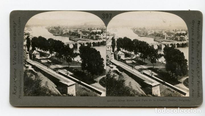 Photographie ancienne: R&iacute;o Mosa y Parque de la Ciudadela, Namur, B&eacute;lgica.  Keystone View Company.  Copyrighted Made in U.S.