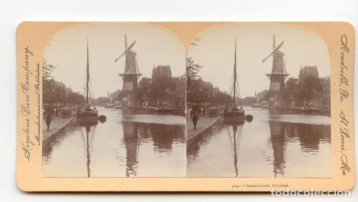 Photographie ancienne: Canal y molino t&iacute;pico, Holanda. Keystone View Company. Manufacturers & Publishers Copyright 1896,