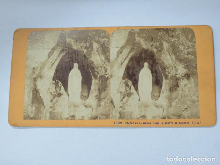 Fotografia antica: FOTOGRAF&Iacute;A ESTEREOSC&Oacute;PICA  STATUE DE LA VIERGE DANS LA GROTTE DE LOURDES