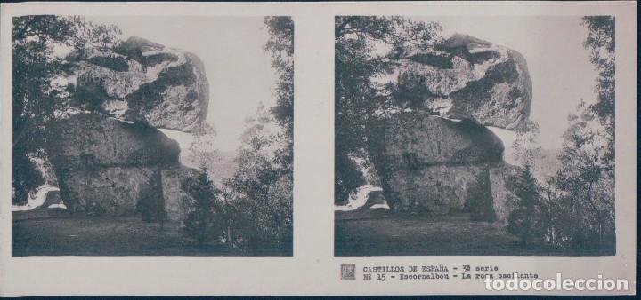 Fotografia antiga: CASTILLO DE ESPA&Ntilde;A 3&ordm; SERIE - N 15 LA ROCA OSCILANTE - ESTEREOSCOPICA - 13* 6 CM