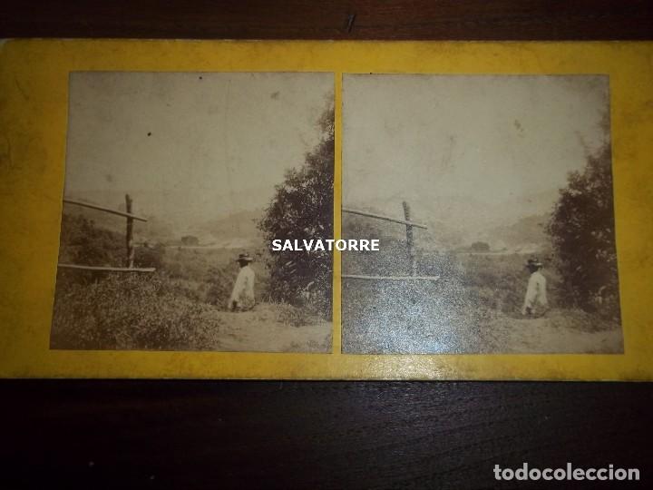 Fotografia antiga: fotografia estereosc&oacute;pica. dedicada en trasera pero ilegible.no consta lugar ni fotografo