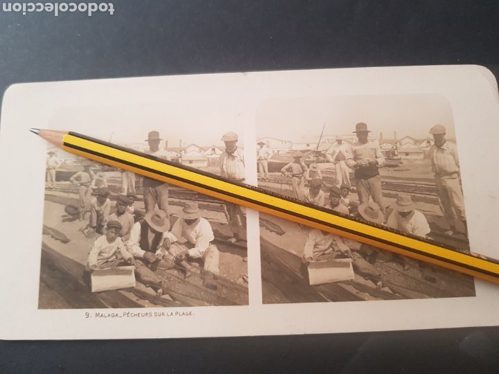 Fotografia antica: FOTOGRAFIA ESTEREOSCOPICA MALAGA. PESCADORES EN LA PLAYA. Circa 1900. NUM 9. SIP