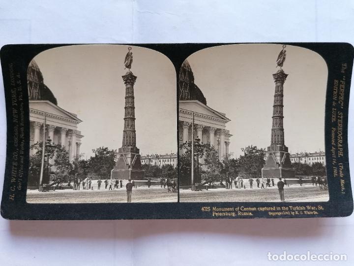 Fotografia antica: FOTOGRAFIA ESTEREOSCOPICA, MONUMENTO ERIGIDO CON LOS CA&Ntilde;ONES CAPTURADOS, SAN PETERSBURGO , A&Ntilde;O 1903