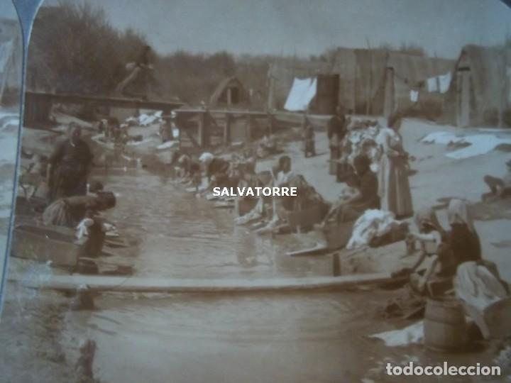 Fotografia antiga: FOTOGRAFIA ESTEREOSC&Oacute;PICA.MADRID.PUENTE TOLEDO,.LAVANDERAS.MANZANARES.ORIGIGINAL EPOCA