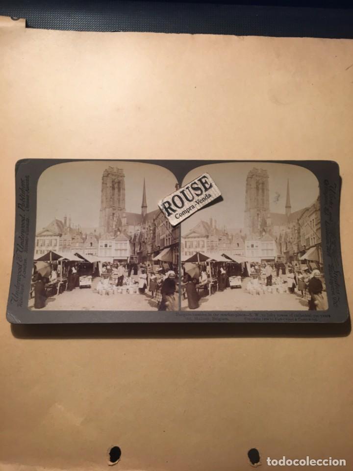 Photographie ancienne: MALINES - BELGUICA - ANTIGUA FOTOGRAFIA ESTEREOSCOPICA , BARGAIN-HUNTERS IN THE MARKET -PLACE - S.W