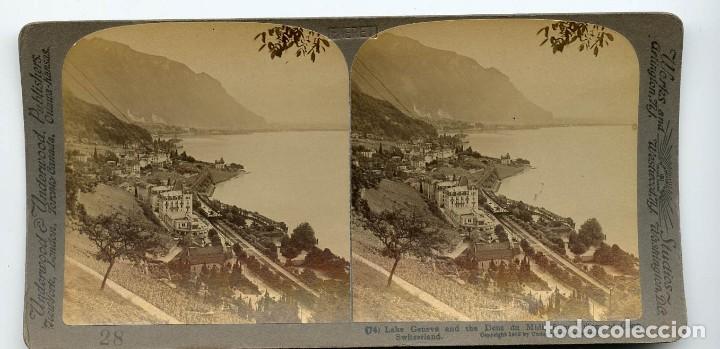 Antique Photography: Estereosc&oacute;pica. Vista del lago Geneva y el Dent du Midi. Suiza. Underwood & Underwood