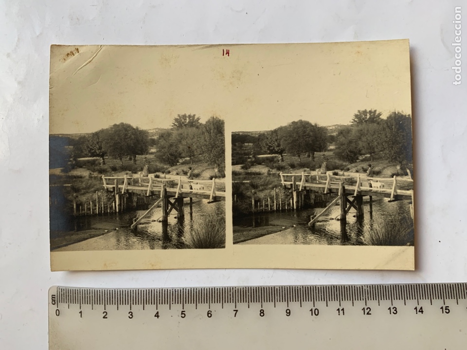 Fotograf&iacute;a antigua: FOTO ESTEREOSCOPICA. PUENTE DE MADEROS SOBRE EL R&Iacute;O. FOT&Oacute;GRAFO?. COMIENZOS S. XX.