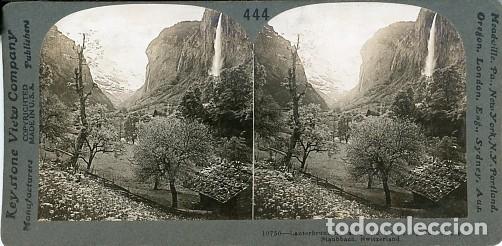Fotograf&iacute;a antigua: Estereosc&oacute;pica Keystone 444 Lauterbrunnen valley and waterfalls, Staubbach, Switzerland