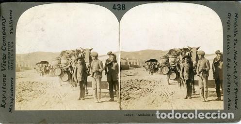 Fotograf&iacute;a antigua: Estereosc&oacute;pica Keystone 438 Carros andaluces que llegan a Almer&iacute;a, Espa&ntilde;a.