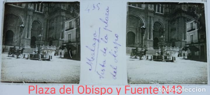 Fotograf&iacute;a antigua: MALAGA, 1900 PLAZA DEL OBISPO Y FUENTE, CRISTAL