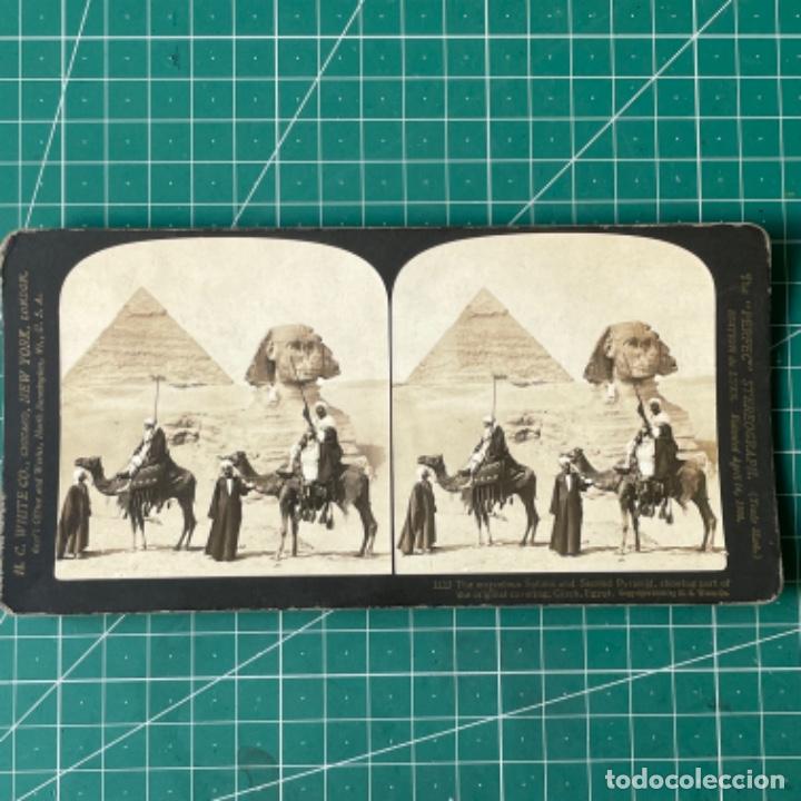 Photographie ancienne: Foto, vista estereosc&oacute;pica de la pir&aacute;mide de Gizeth y la esfinge de Egipto